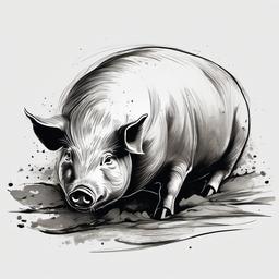 drawing of a pig rolling in mud  minimal rough sketch scribbles,doodles,black and white