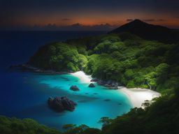 amami islands - create a serene night scene of the amami islands, where bioluminescent waters lap at beautiful beaches, and lush forests conceal unique flora and fauna. 