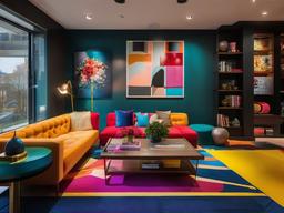 The basement highlights Pop Art interior design with a lively mix of furniture, colorful decor, and engaging lighting that creates a vibrant space for entertainment and relaxation.  