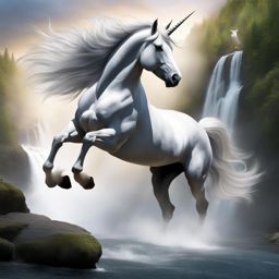 majestic unicorn leaping gracefully over a cascading waterfall, its silvery mane flowing in the mist. 