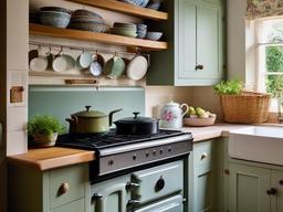 Cottage-style kitchen with Aga range cooker, Shaws farmhouse sink, and Anthropologie open shelving with floral-patterned dishes.  