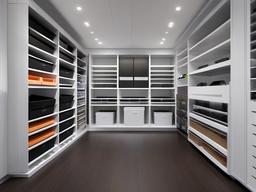 The storage room showcases High Tech interior design with organized bins, smart solutions, and a minimalist aesthetic that maximize efficiency while maintaining a contemporary flair.  