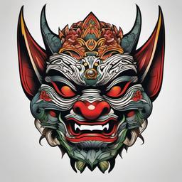 japanese goblin mask tattoo  simple color tattoo,white background,minimal