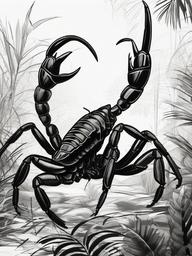 drawing of a scorpion in a jungle  minimal rough sketch scribbles,doodles,black and white