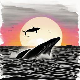 drawing of a whale with a sunset  minimal rough sketch scribbles,doodles,black and white