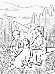 Dog and Children Coloring Pages - Kids Playing with Their Dog  minimal black outline printable sheet, coloring page