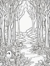 Spooky Forest Coloring Pages - Enchanted Woods with Halloween Spirit  minimal black outline printable sheet, coloring page