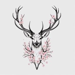 Cherry Blossom Antlers - Fuse the ethereal beauty of cherry blossoms with the strength of deer antlers in a tattoo.  outline color tattoo,minimal,white background