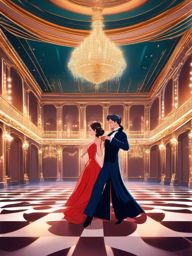 Elegant ballroom dancer and graceful dancer partner, dressed in royal gowns, waltzing gracefully in a splendid palace, as a matching pfp for couples. wide shot, cool anime color style