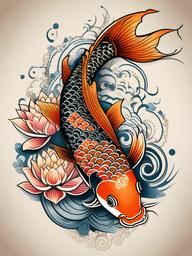 Koi Fish and Lotus Flower Tattoo-Intricate and symbolic tattoo featuring a Koi fish and lotus flower, symbolizing perseverance and purity.  simple color vector tattoo