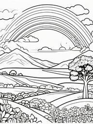 Rainbow Coloring Page - Rainbow over a cheerful, sunny landscape.  easy,simple,minimal,coloring pages,black and white outline