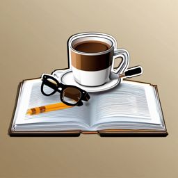 Book with Glasses and Coffee Sticker - Open book with stylish reading glasses and a coffee cup, ,vector color sticker art,minimal