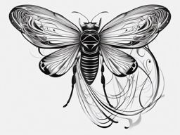 Abstract cicada swirls tattoo: Whimsical dance showcasing the insect's energy.  black white tattoo, white background