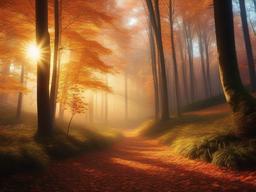 Thanksgiving Wallpaper-A peaceful autumn forest, with soft sunlight filtering through the trees, creating a serene Thanksgiving atmosphere.  aesthetic background wallpaper