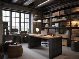 The home office exemplifies Post-Apocalyptic interior design, featuring a sturdy desk made from reclaimed wood, industrial shelving, and decorative elements that inspire productivity in a creative yet gritty environment.  