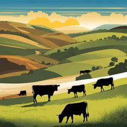 cattle clipart,grazing on rolling hills under a clear sky 