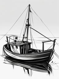 drawing of a fishing boat  minimal rough sketch scribbles,doodles,black and white