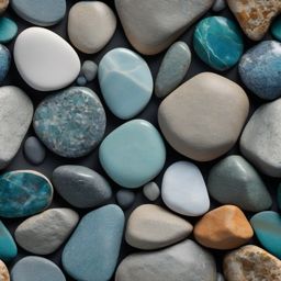 Rocks featuring an intricate mosaic in cool, coastal hues top view, product photoshoot realistic background, hyper detail, high resolution