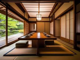 Traditional Japanese tea room with sliding paper doors and low wooden tables.  