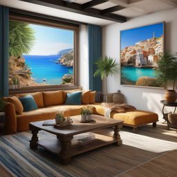 Mediterranean Seaside Escape - Bring the warmth of the Mediterranean coast into your living room. , living room decor ideas, multicoloured, photo realistic, hyper detail, high resolution,