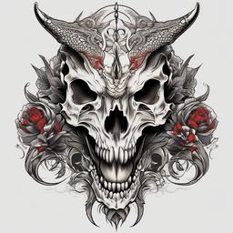 Dragon Skull Tattoo - Tattoos featuring both dragons and skulls, often representing life and death.  simple color tattoo,minimalist,white background