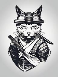 Cat Samurai Tattoo - Tattoo featuring a cat in a samurai-themed design.  minimal color tattoo, white background