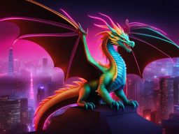 neon dragon illuminating a futuristic cityscape, its neon-bright scales casting a vibrant glow in the urban night. 