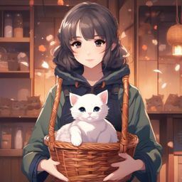 Adorable anime girl with a basket of kittens.  front facing ,centered portrait shot, cute anime color style, pfp, full face visible