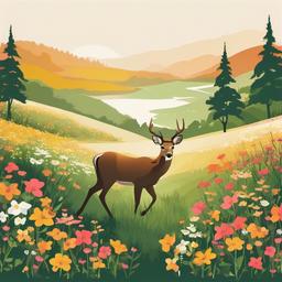 Deer clipart - deer walking through a field of wildflowers  color,minimalist,vector clipart