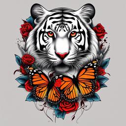 Tiger and butterfly tattoo, Creative tattoos blending the elegance of butterflies with the strength of a tiger.  viviid colors, white background, red roses tattoo design