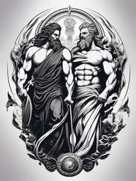 Zeus and Hades Tattoo - Explore the duality of power with a tattoo featuring Zeus and Hades, representing the gods of the heavens and the underworld.  simple color tattoo, white background