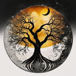 yin and yang tree tattoo with sun and moon