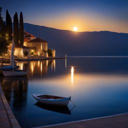 lake ohrid, north macedonia - illustrate the tranquil shores of lake ohrid, with moonlight dancing on its calm waters. 