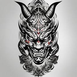 Hannya Samurai Tattoo - Blends the fierce expression of the Hannya mask with traditional samurai motifs in tattoo art.  simple color tattoo,white background,minimal