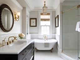 Traditional small bathroom showcases classic white tiles, elegant fixtures, and soft color accents, providing a timeless and sophisticated feel.  