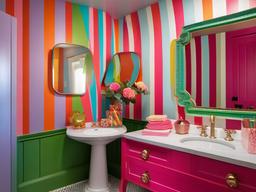 Candy Land powder room includes colorful fixtures, fun decor, and whimsical accents, creating a delightful small bathroom space for guests.  