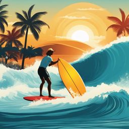 clipart summer,surfing on ocean waves under a scorching sun 