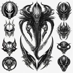 Xenomorph Tattoo Designs - Explore creative variations of Xenomorph-themed tattoo designs.  simple color tattoo,vector style,white background