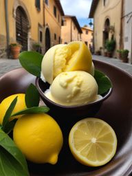 sorbetto al limone, italian lemon sorbet, savored at a gelato shop in a charming tuscan village. 