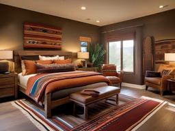 Southwestern master bedroom combines earthy colors, a wooden bed frame, and decorative textiles for a warm and inviting atmosphere.  