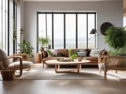 Biophilic interior design in the living room showcases natural wood furniture, large windows for ample natural light, and indoor plants that create a calming and inviting atmosphere.  