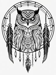 Dream Catcher Tattoo with Owl - Tattoo featuring a dream catcher and owl motifs.  simple vector tattoo,minimalist,white background