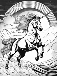 unicorn coloring pages - determined unicorn racing through a storm to reach a distant, shimmering rainbow's end. 