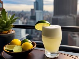 pisco sour at a rooftop bar - sipping a refreshing pisco sour cocktail garnished with a lime slice at a trendy rooftop bar. 