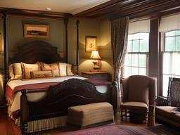 In the guest bedroom, American Colonial interior design offers a cozy atmosphere with antique furnishings, rich fabrics, and tasteful decor that ensures a comfortable stay for visitors.  