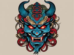 Oni Mask with Snake Tattoo-Bold and artistic tattoo featuring an Oni mask with a snake, capturing traditional and fierce aesthetics.  simple color vector tattoo