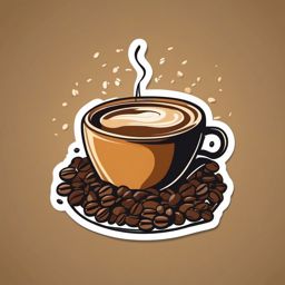 Coffee Cup with Beans Sticker - Coffee cup surrounded by scattered coffee beans, ,vector color sticker art,minimal