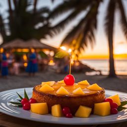 pineapple upside-down cake served at a beachfront luau with hula dancers. 