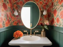 In the guest bathroom, vintage interior design features a retro sink, floral wallpaper, and charming accents that create a welcoming atmosphere for visitors.  