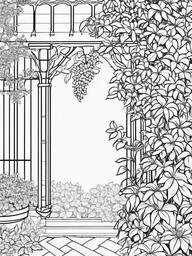 Clematis coloring page sheet - Clematis vines climbing over a garden trellis.  black outline printable coloring page